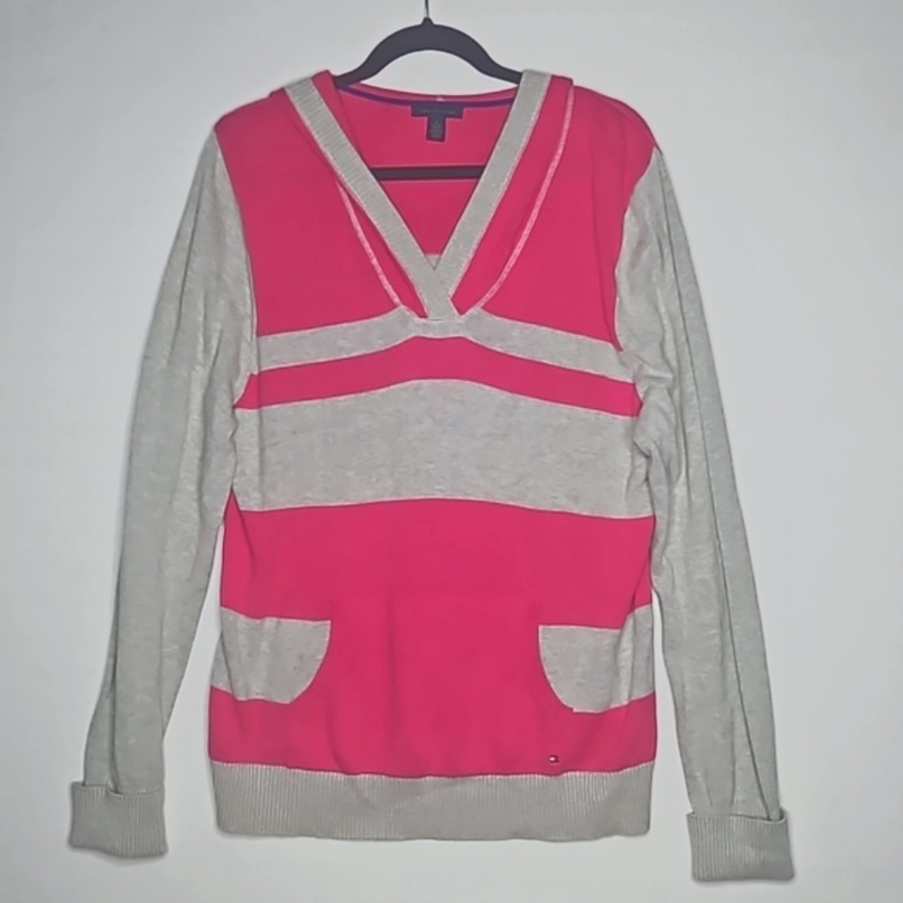 Tommy Hilfiger Gray and Hot Pink Striped Sweater with Hood Women's Size XL